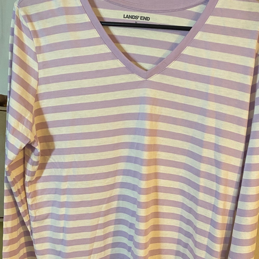 Lands' End Lavender and White Striped V-Neck Shirt